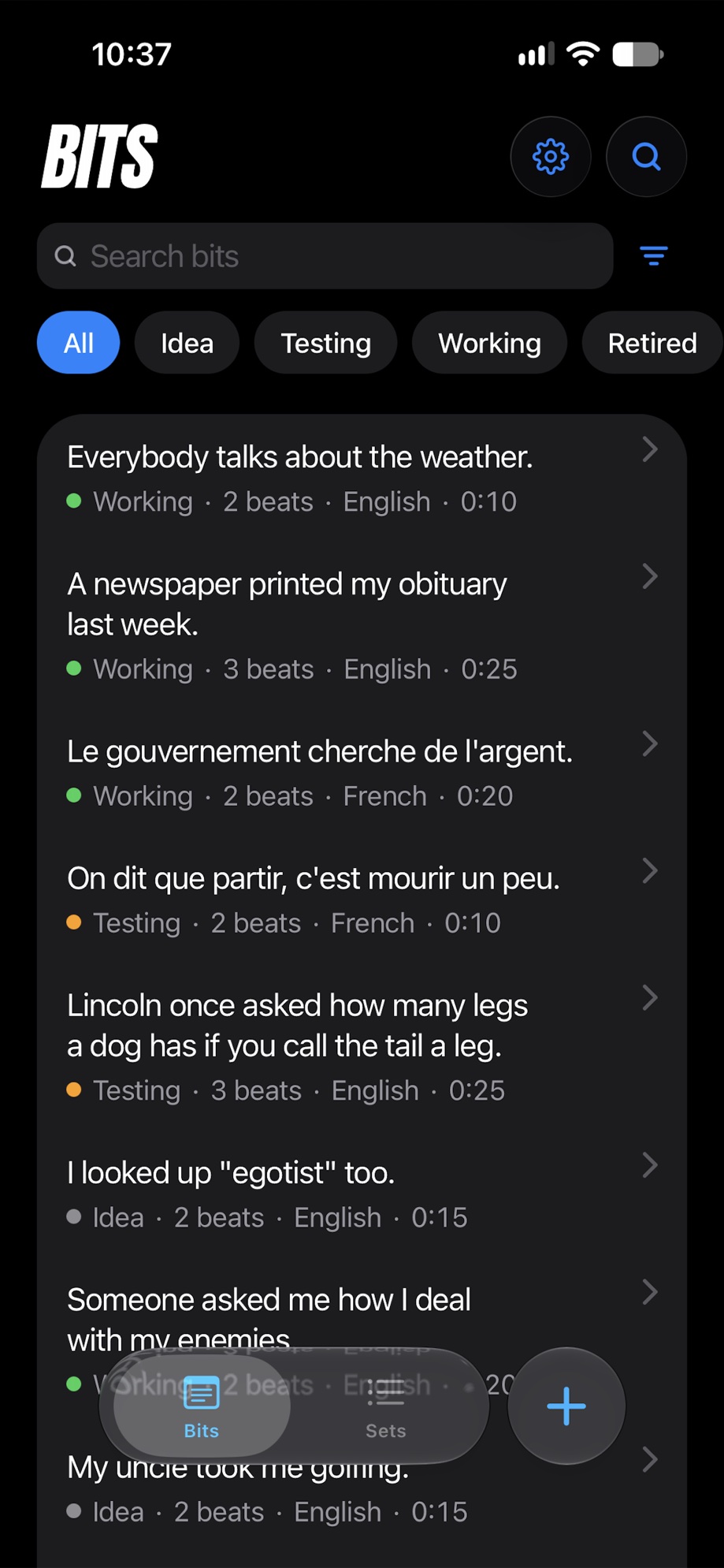 The Bits screen on iPhone: a searchable list of premises, each with its status, beat count, language and running time, and a filter row reading All, Idea, Testing, Working, Retired.
