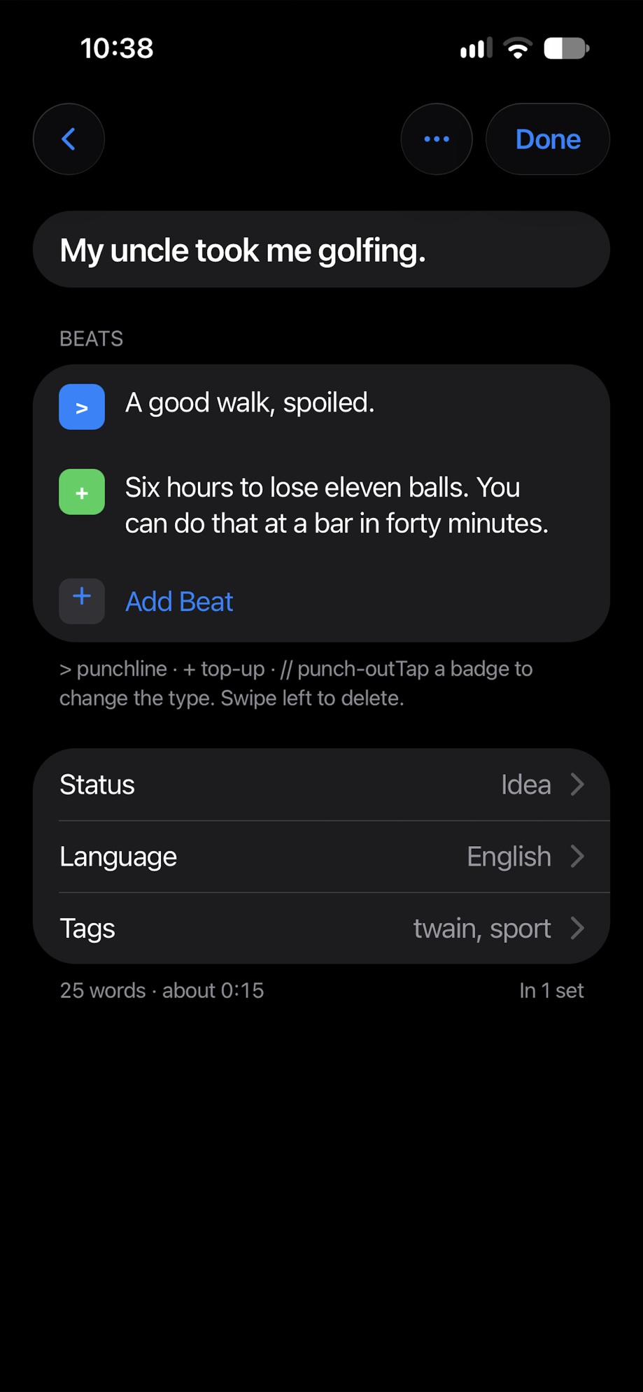 The bit editor: the premise “My uncle took me golfing.”, two beats marked punchline and topper, an Add Beat row, then status, language and tags.