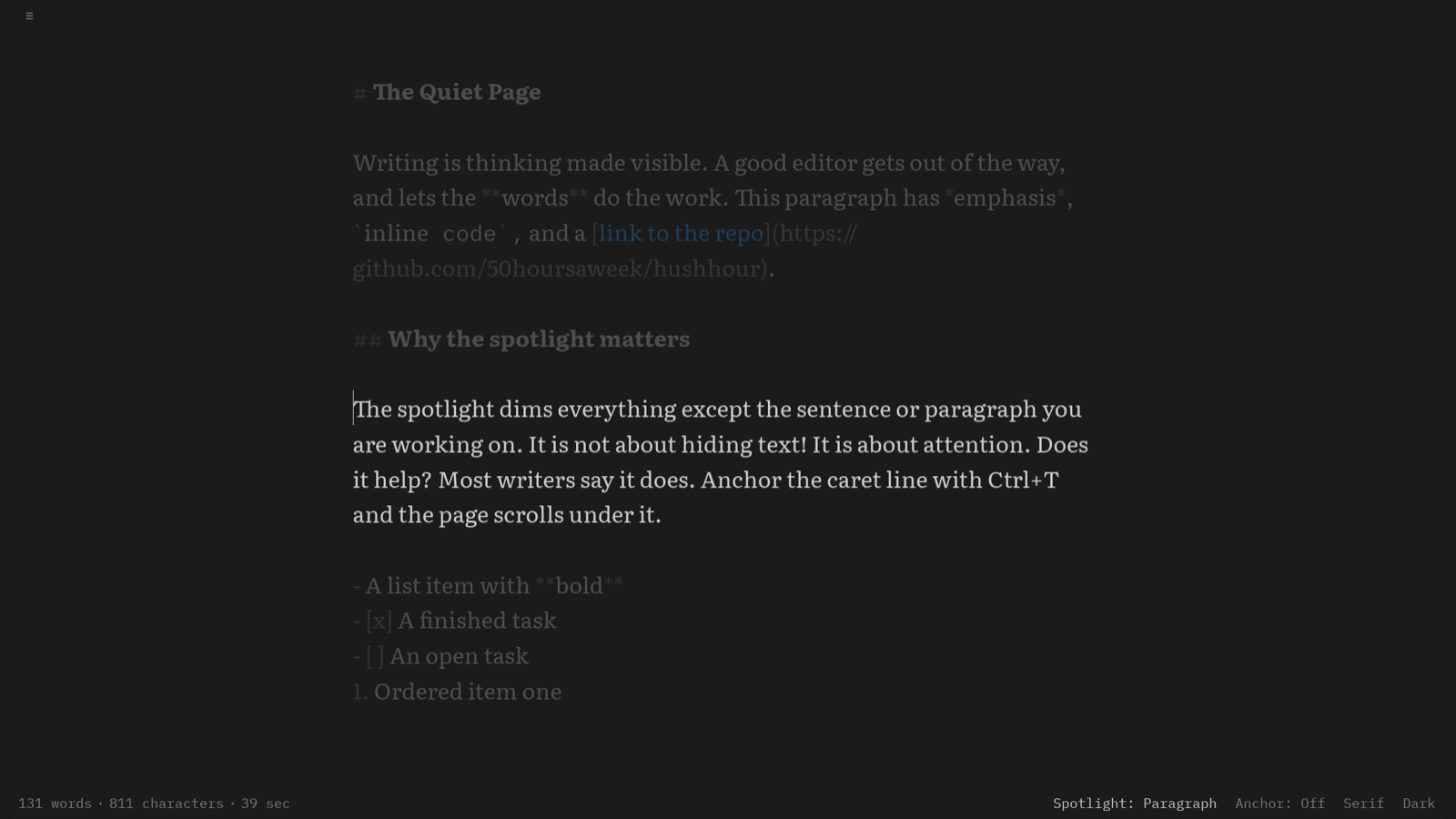 HushHour in its dark theme with the spotlight on: one paragraph in the middle of the page is held at full brightness while every paragraph above and below it is dimmed almost into the background.
