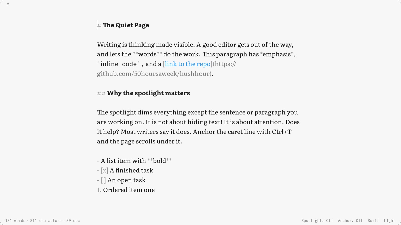 HushHour in its light theme: a single column of prose centred in an otherwise empty window, with the paragraph being written held at full strength and the paragraphs around it dimmed back.