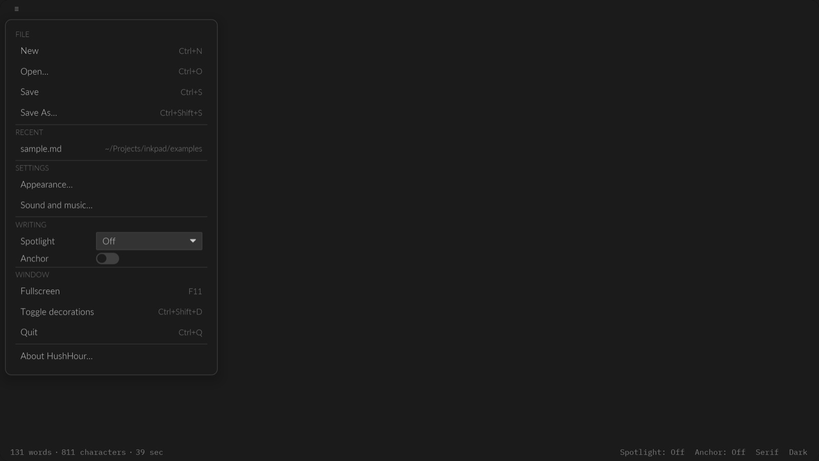 HushHour in its dark theme with the menu open, showing the file, view, font and sound options in a single plain list over the editor.