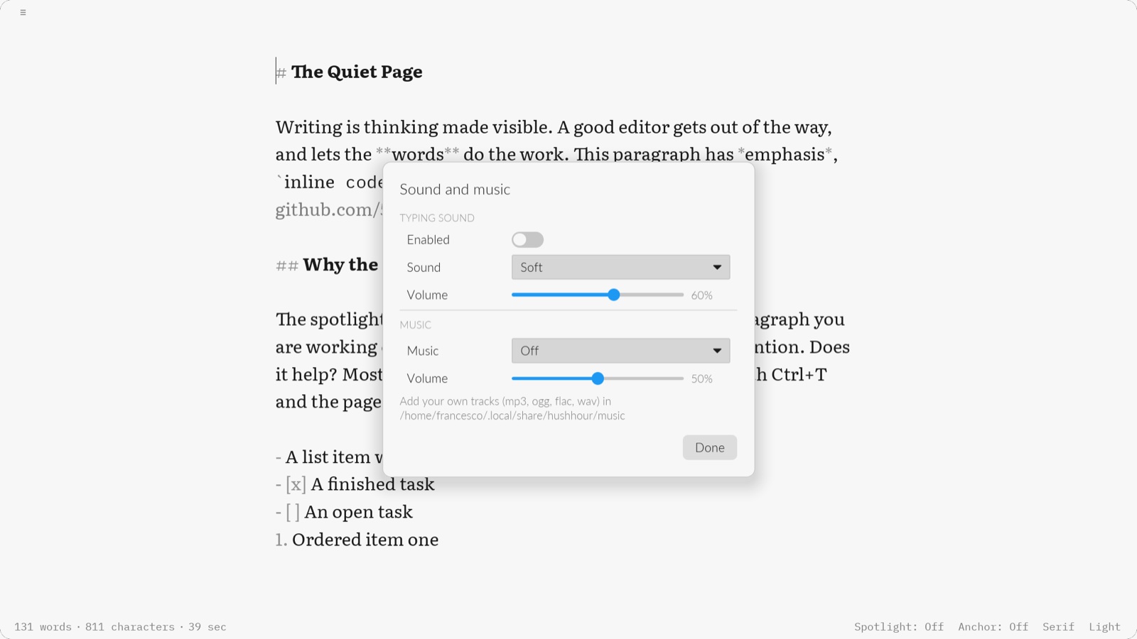 HushHour's Sound and music dialog over the editor: a typing-sound section with its
                      switch off, a sound choice and a volume slider, and a music section set to off
                      with its own volume, above a note saying where to drop your own tracks.
