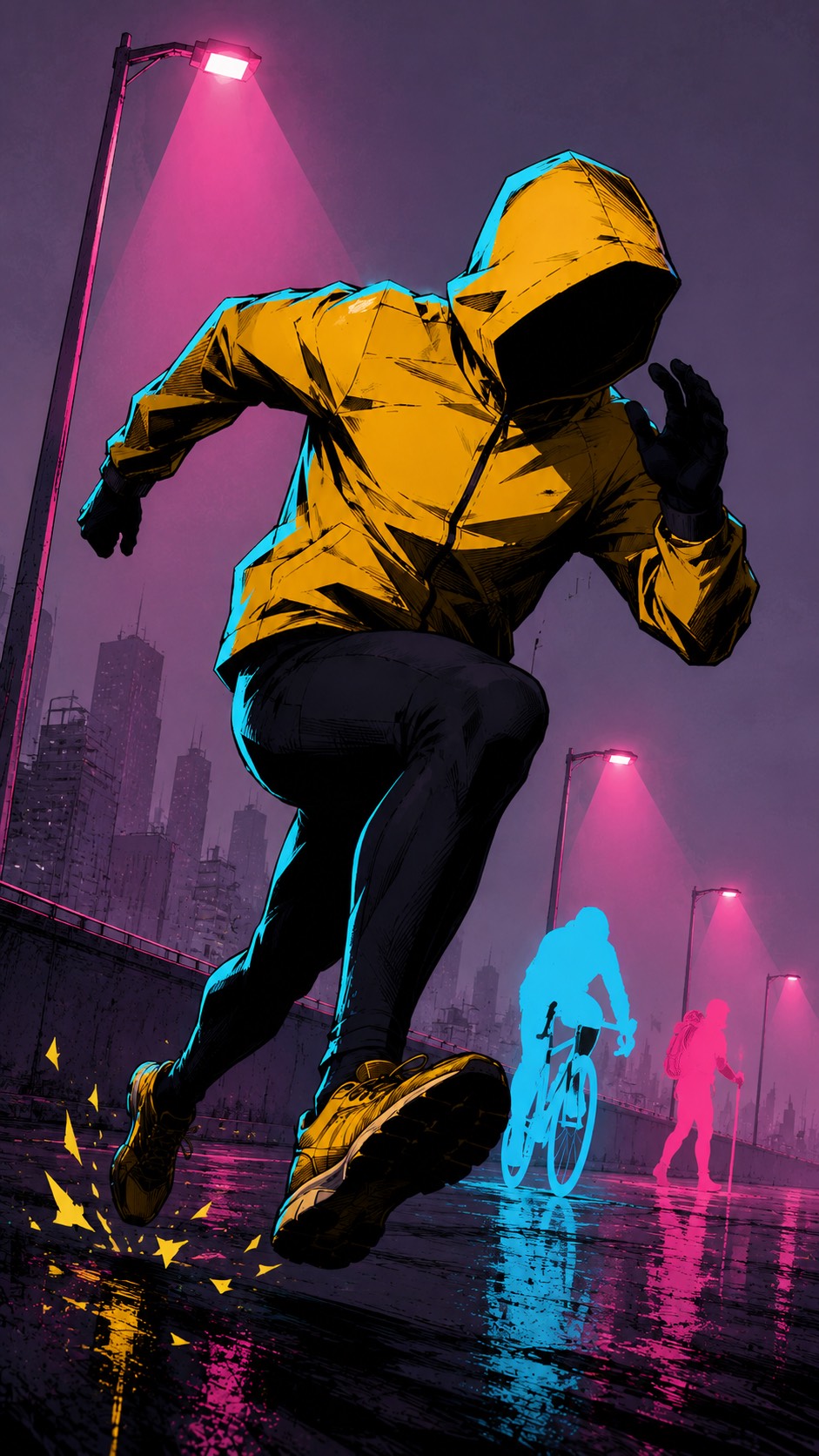 A runner in a yellow hooded jacket sprints down a neon-lit street at night. Behind them, a cyclist drawn in flat cyan and a hiker with a pole in flat magenta each stand in their own pool of lamplight.