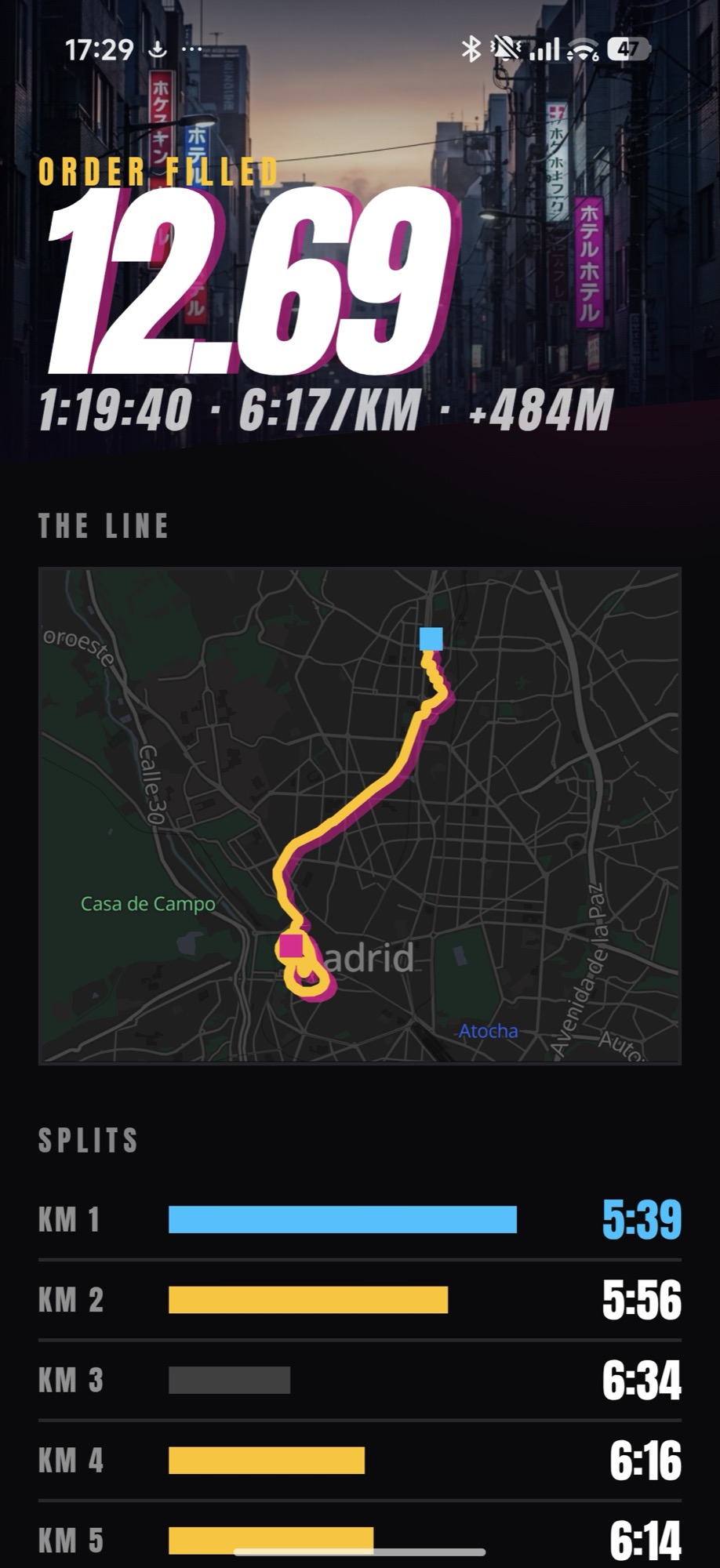 Stray's summary: 12.69 kilometres in 1:19:40 at 6:17 per kilometre, with the route drawn on a map and per-kilometre splits below.