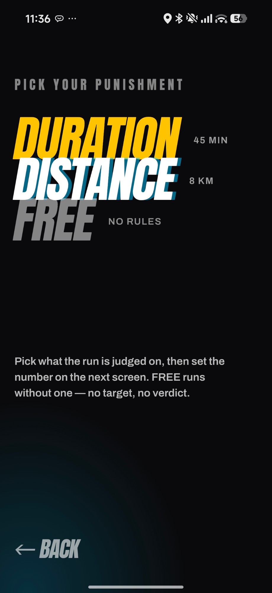 Stray's target picker: duration 45 min, distance 8 km, or no target at all.